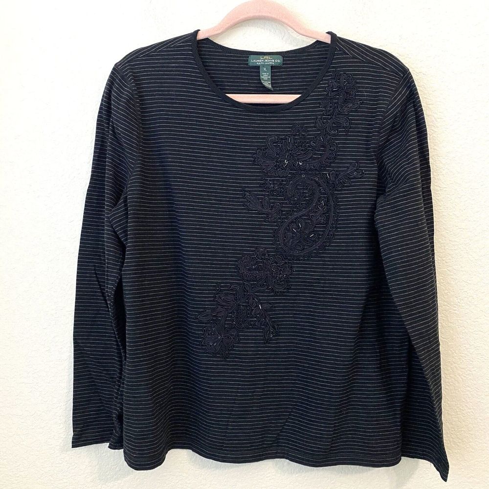 Lauren Ralph Lauren Shirt Womens Size XL Stripes Beaded Paisley Black Gray